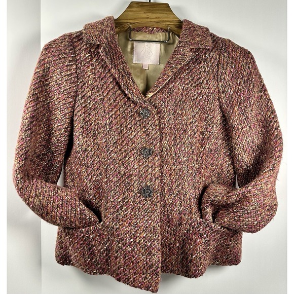 Rebecca Taylor Tweed Blazer Jacket Pink,Orange,Tan Bling Sz 6  Wool Blend Career - Picture 2 of 10